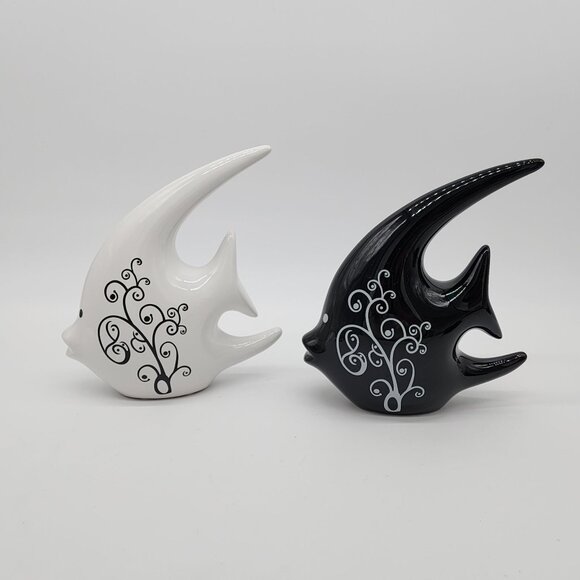 Ceramic Tropical Fish Pair Figure White Black 7.5" Tall Home Decor - Picture 3 of 5
